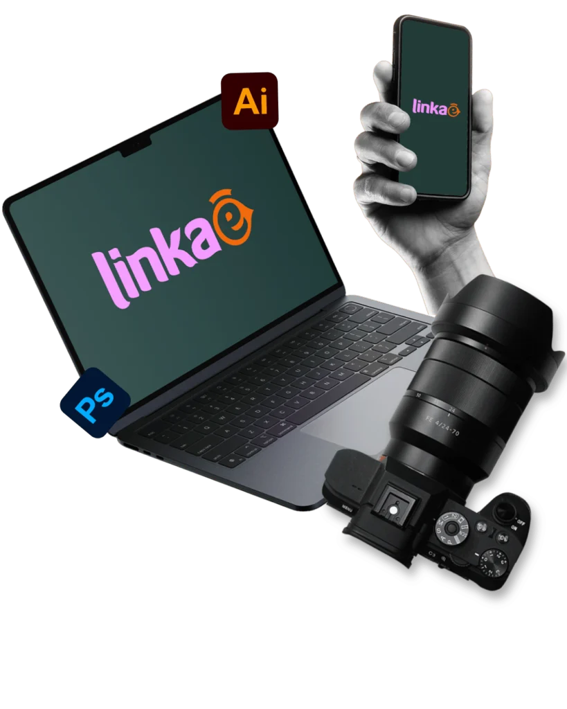 Notebook, celular e câmera com a marca Linkaê, agência de marketing digital em Foz do Iguaçu