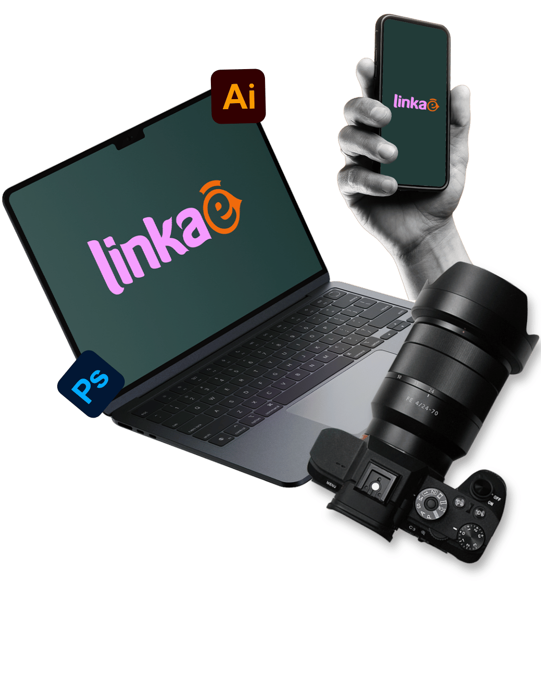 Notebook, celular e câmera com a marca Linkaê, agência de marketing digital em Foz do Iguaçu